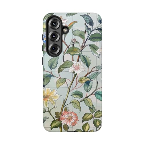 Coque Samsung S25 Plus rigide verte motif floral vintage papillon brillant
