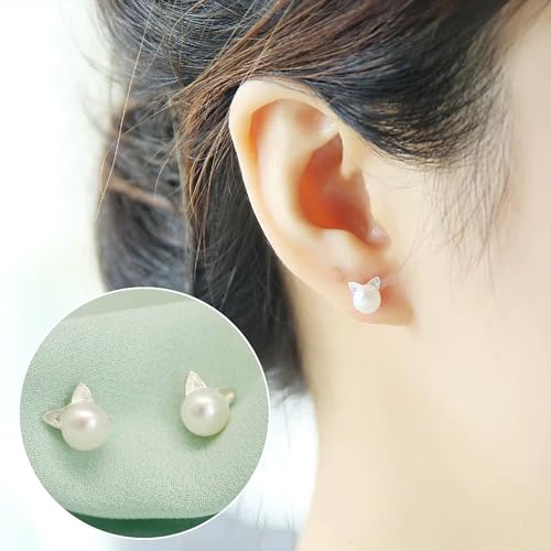 Cute Cat Stud Earrings, Hypoallergenic Small Pearl Earrings for Women Silver4