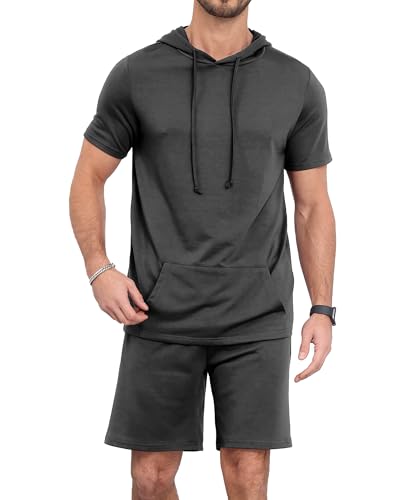 Aiyino Men's Tracksuit 2 Piece Hooded Athletic Sweatsuit Short Sleeve Casual Sports Hoodie Shorts Set2