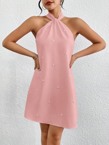 Image of Floerns Women's Pearl Beaded Halter Twist Sleeveless Tie Back Dress A Line Dress