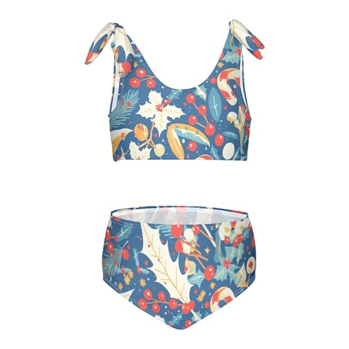 KLL Christmas Candy Cane Mistletoe Pattern Girls 2 Piece Bikini Set Quick-Dry Swimsuit Swimwear Adjustable Strap