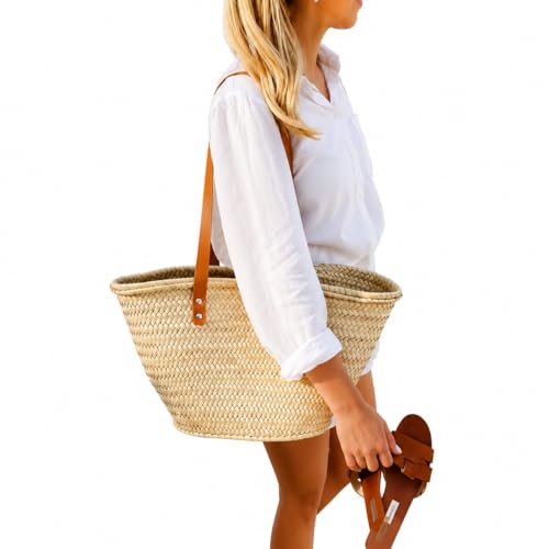 Bolso de paja francés con asas de cuero tipo tote miniatura 1