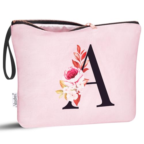 Image of Vavabox A-Z Personalized Makeup Bag, Birthday Gifts for Women Mom, Gifts for Best Friend, Bride Bridesmaid Cosmetic bag (A, 06-Pink)