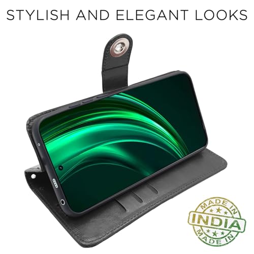 Image of Pikkme Flip Cover Leather Finish | Inside TPU with Card Pockets | Wallet Stand and Shock Proof | Complete Protection Button Flip Case for Realme 13 Plus 5G / Realme P1 Speed 5G (Black)