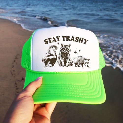Image of Stay Trashy Funny Raccoon Graphic Classic 5 Panel Mesh Snap Back Trucker Hat