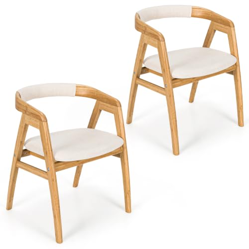 Image of COSTWAY Bamboo Accent Chairs Set of 2 with Wide Curved Backrest and Arms | Natural, Farmhouse Leisure Dining Chairs w /Comfy Cushion, Solid Legs, Upholstered Armchair for Living Room, Bedroom, Kitchen