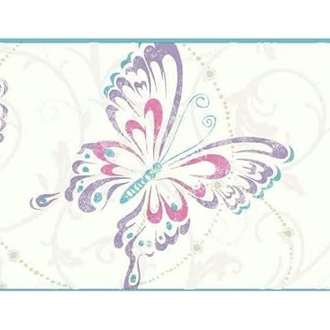 Concord Wallcoverings Wallpaper Border Kids Pattern Butterfly, White Pink Purple Teal Silver Grey, 7 Inches by 15 Feet GK8936B Cover