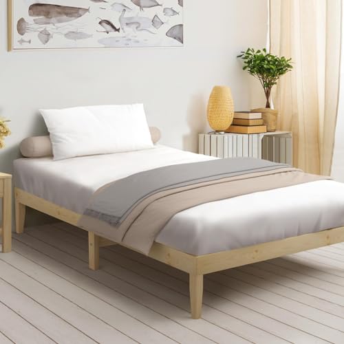 Oikiture Single Bed Frame Wooden Bed Frame with Wood Pine Timber Slats Bed for Home Bedroom Furniture