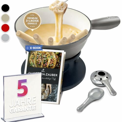 Ottia Fondue Set für 2, 3, 4, 5, 6 Personen aus Gusseisen & Emaille. Als Käsefondue, Fleischfondue, Schokofondue. Induktion geeignet, Schadstofffrei, mit Brenner+Gabeln+Rezeptbuch, Fondü-Set aus HH