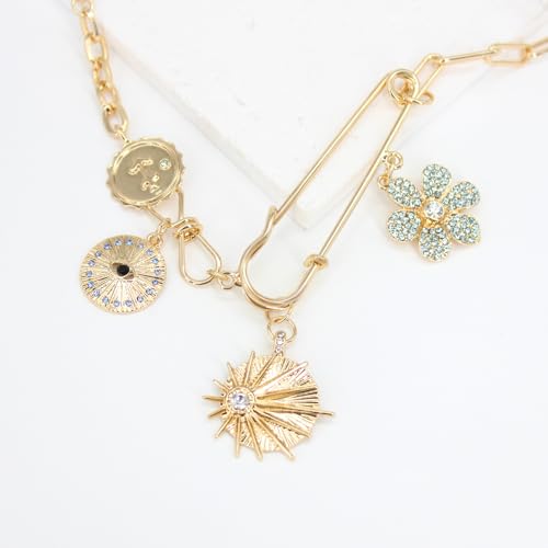 Glod Plated Boho Paperclip Chain Charm Necklace for Women Handmade Evil Eye Sun Moon Star Flower Coin Safety Pin Necklace Celestial Jewelry 5