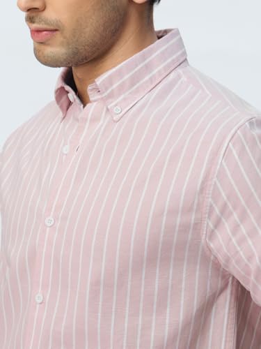 Image of The Souled Store Slim-Fit Shirt: Lilac Stripes Men and Boys Long Sleeves Collared Neck Buttonfront Striped Regular Fit Lightweight All-Season Cotton Shirt