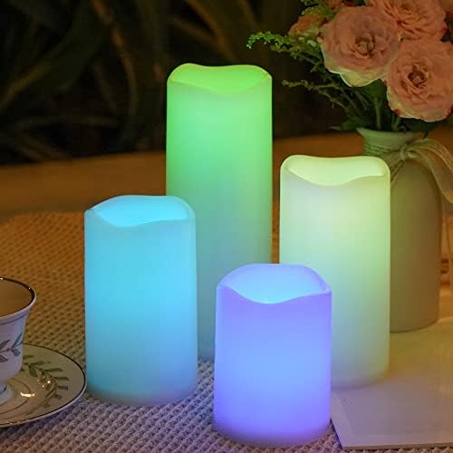 NOMFIX Colored Solar Powered Candles Outdoor Waterproof, 3"x4"/5"/6"/8" Color Changing Solar LED Candle Lights, Dusk to Dawn Timer, Solar Pathway Lights for Backyard Porch Balcony Party Decor- 4 Pack