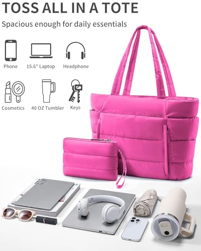 Image of Bagstellar Puffer Tote Bag for Women, Lightweight Puffy Work Handbag Teacher Nurse Quilted Shoulder Bag for School Travel Gym | Cloud Bag w / Zipper
