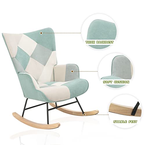 Ssline Rocking Chair,Mid Century Upholstered Patchwork Linen Accent Nursery Glider Rocker Armchair,Modern Tall Back Comfy Side Chair For Living Room, Bedroom (Style4,Blue) #TOP4