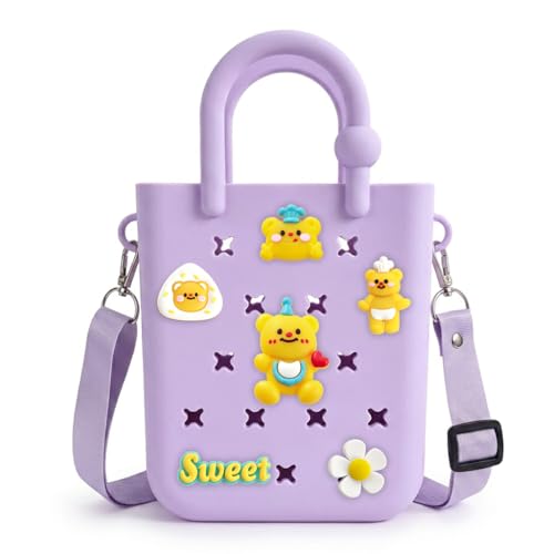 Image of Juyeesm Mini Rubber Beach Bag with Strap & Charms, Waterproof EVA Beach Bag for Girls, Small Rubber Tote Bag for Women