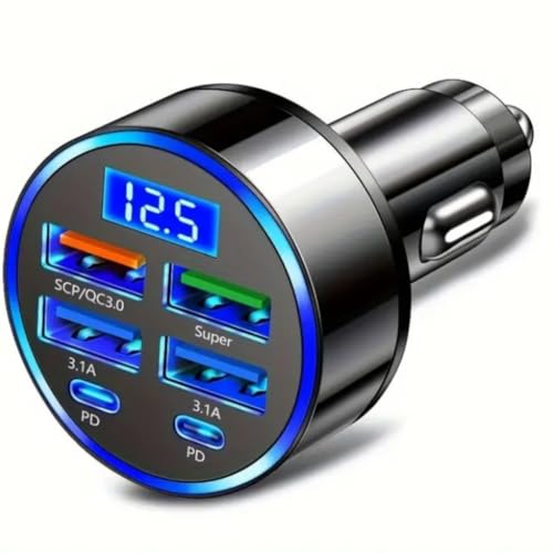 Car USB Charger 6-in-1, 30-Min Super Fast Charging, 6-Port Cigarette Lighter Adapter 12-24V, 2 PD + QC3.0, 4 USB Ports, Digital Voltage Display, Universal for iPhone iPad Pro Samsung Galaxy Pixel
