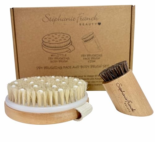 Stephanie Franck Beauty - Dry Brushing Body & Face Brush - Set de cepillos para masaje manual en seco del cuerpo (firme) y de la cara (firme) en cerdas naturales y madera