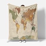 Manta de Lana de Franela 220 x 238 cm Manta Estampada para Adolescentes y Adultos Manta de Cama Suave Estilo Mapa del Mundo Antiguo Manta de sofá Crema Manta cálida de Invierno