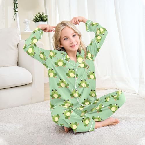 Reiacy Girl Satin Pajamas Set, Cute Frogs Girls Kids Long Sleeve Button-Down Shirts & Pants Sleepwear Pjs 5-6 Yrs