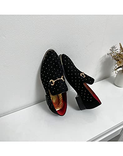 Lcql Men's Velvet Penny Loafers Slip On Party Leather Shoes Embroidered Tuxedo Dress Shoes Pointed Toe Smoking Slipper Size 10 Black #TOP4