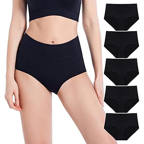 Women's Underwear, High Waisted Cotton Panties Soft Stretch Breathable Briefs 5-Pack (Black, Small) Cover