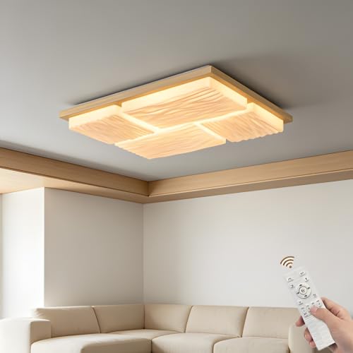 Plafonnier LED carré en bois naturel 192W dimmable avec télécommande salon