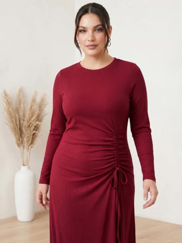 Image of Selvia Women's Ribbed Lycra Midi Dress | Long Sleeve Round Neck Ruched A-Line Dress | Casual, Party & Office Wear