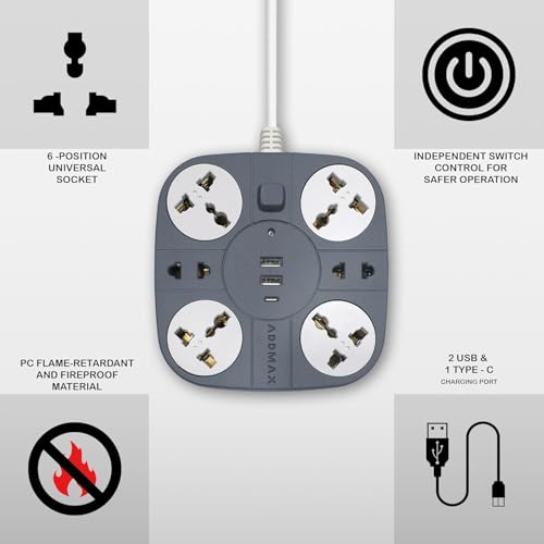 Image of ADDMAX Extension Board with USB | 6 Power Sockets, 2 USB Ports + 1 Type-C Port | 5 Meter Heavy Duty Cord | 10A 220V Multi Plug Extension Cord | Fireproof Power Strip for Home, Office & Laptop - Grey