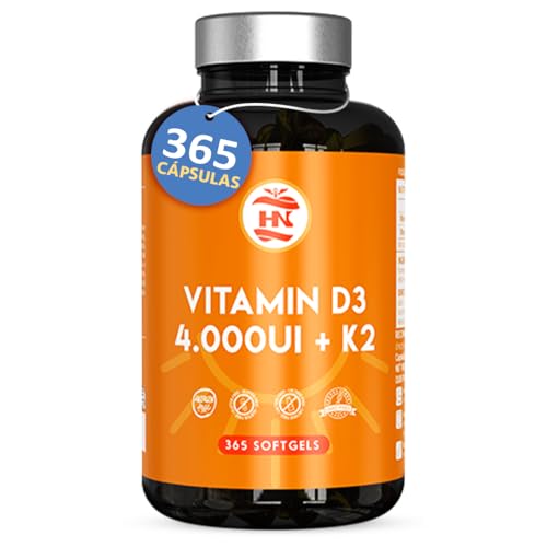 Vitamina D - 365 Cápsulas de vitamina D3 K2 – Vitamina D (4000 UI) altamente concentrada. Favorece la función inmunológica y ósea - 365 cápsulas