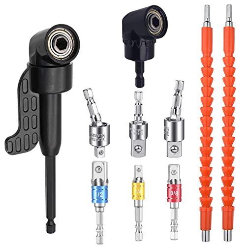 10 Piezas Extensor para Brocas Kit, Adaptador para Destornillador Angular de 105°, 1/4', 3/8', 1/2' Llaves de Vaso para Taladro, Adaptadores de Broca Cardán, Extensor Flexible, Accesorios Taladro