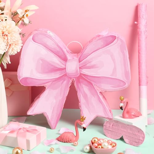 Threan Bow Piñata Bow Party Piñata with Bat Stick Blindfold Mask Conquette Birthday Centerpieces Decorations for Bridal Shower Wedding Anniversary Engagement Supplies(Pink)