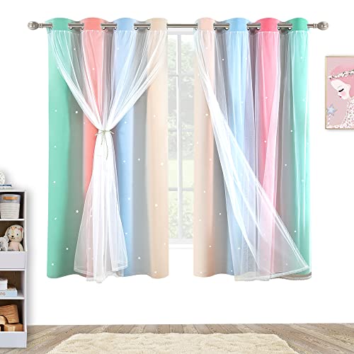 Weltop Christmas Kids Curtains Blackout Star Cutout Double Layer Drapes Light Blocking Window Treatment With Grommet Top Free Tie-Backs For Bedroom Living Room, Lime/Pink, 52 W X 72 L, Set Of 2 #TOP3