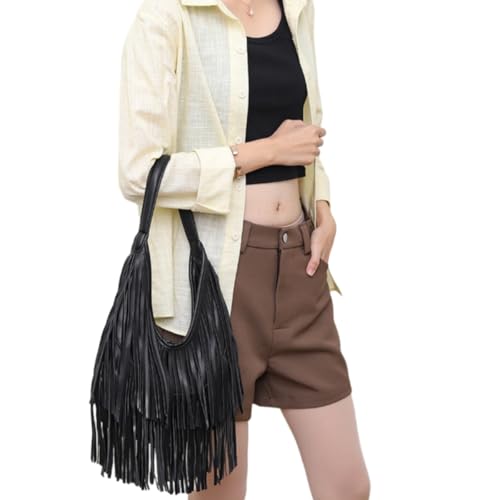 Image of IAMUHI Casual Rivets Fringed Shoulder Handbag for Women,Soft Vegan Leather Hippie Crossbody Purse Bag Hobo Bag