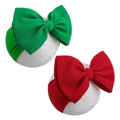 YanJie Baby Headbands, Red Hair Bow and Green Elastic Nylon Hairbands for Newborns and Infants, 2Pcs