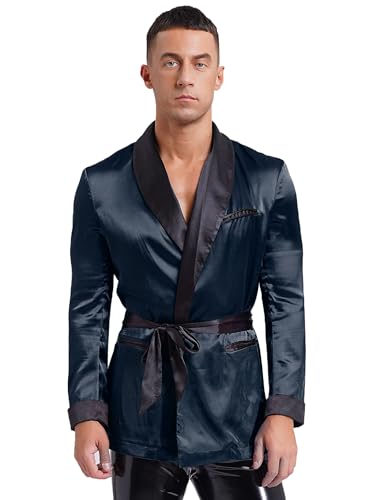 Mens Smoking Jacket Adult Kimono Bathrobe Robe with Belt for Halloween Christmas Party