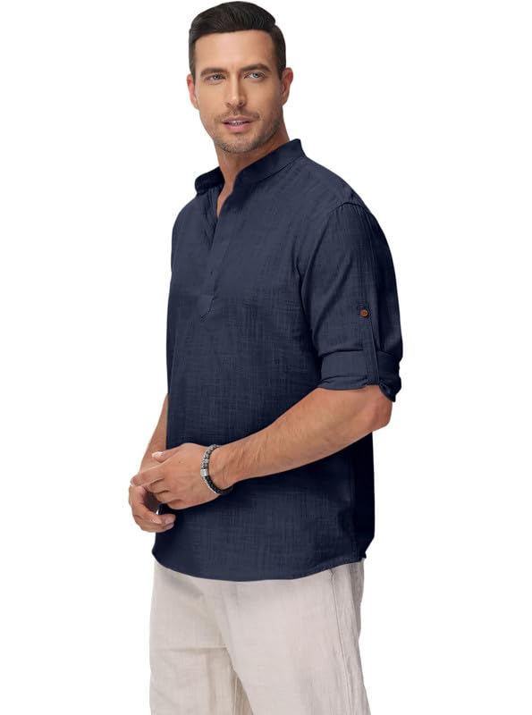 Image of Macsivo Men's Cotton Blend Solid Short Kurta with Regular Lenth Mandarin Collar Short Button Placket Rolled up and Full Sleeves Kurta for Men