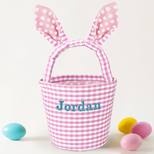 Easter Basket for Kids, Zmoicky Easter Bunny Basket, Personalized Easter Baskets, Easter Basket with Name - Bunny Pink Grid Basket