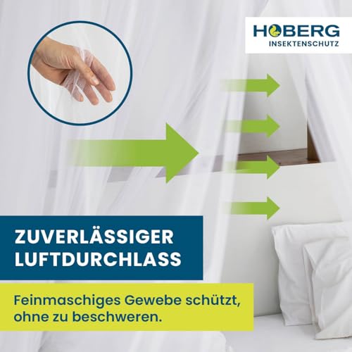 HOBERG Moskitonetz Reise | XXL Mückennetz Bett für Kinderbett, Einzel- & Doppelbett | Outdoor Moskitozelt 400 Mesh für Balkon | Insektenschutz Baldachin zum Kleben oder Bohren - mit Spannring 60 cm Ø