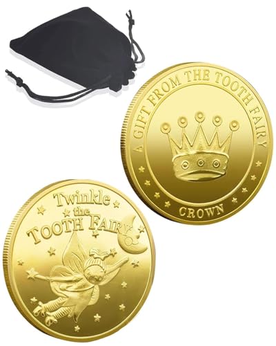 LEEQBCR Monedas de hada de los dientes, 2 unidades con bolsas de almacenamiento, monedas doradas para niños, regalo de hada de los dientes, Estilo corona, adecuado para niños