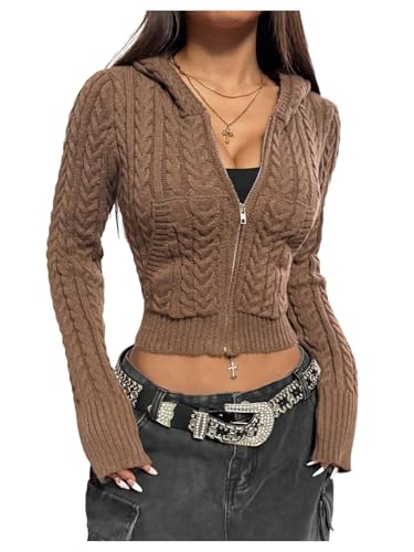 Verdusa Women's Zip Up Knit Crop Cardigan Long Sleeve Hooded Slim Fit Hoodies Outerwear with Pocket