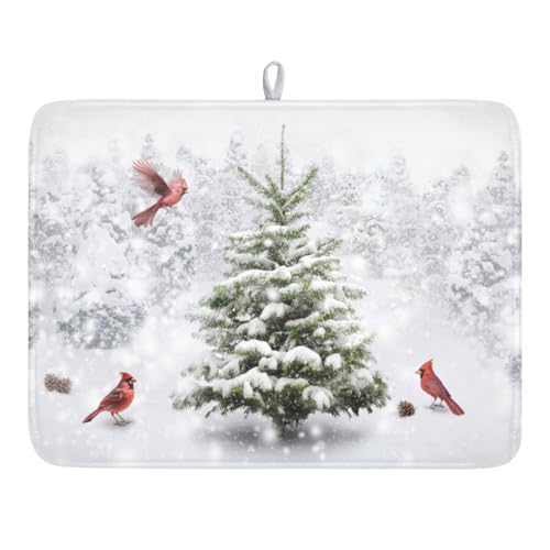 Winter Forest Dish Drying Mat for Kitchen Counter Silvery White Pine Trees Snow Snowflake Drying Mat 18x24 Inch Holiday Absorbent Dish Drainer Mat Kitchen Accessories