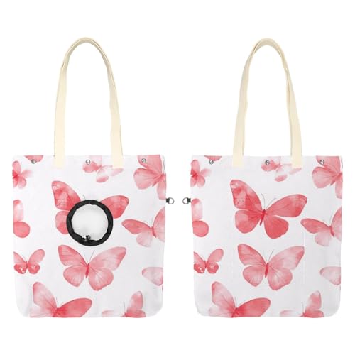 Pet Canvas Shoulder Bag Soft-Sided,Dog Purse Carrier for Small Dogs and Cats, Portable Pet Handbag with Adjustable Hole, Pet Washable Travel Tote Bag,Pink Butterfly 19.3''x16.5''