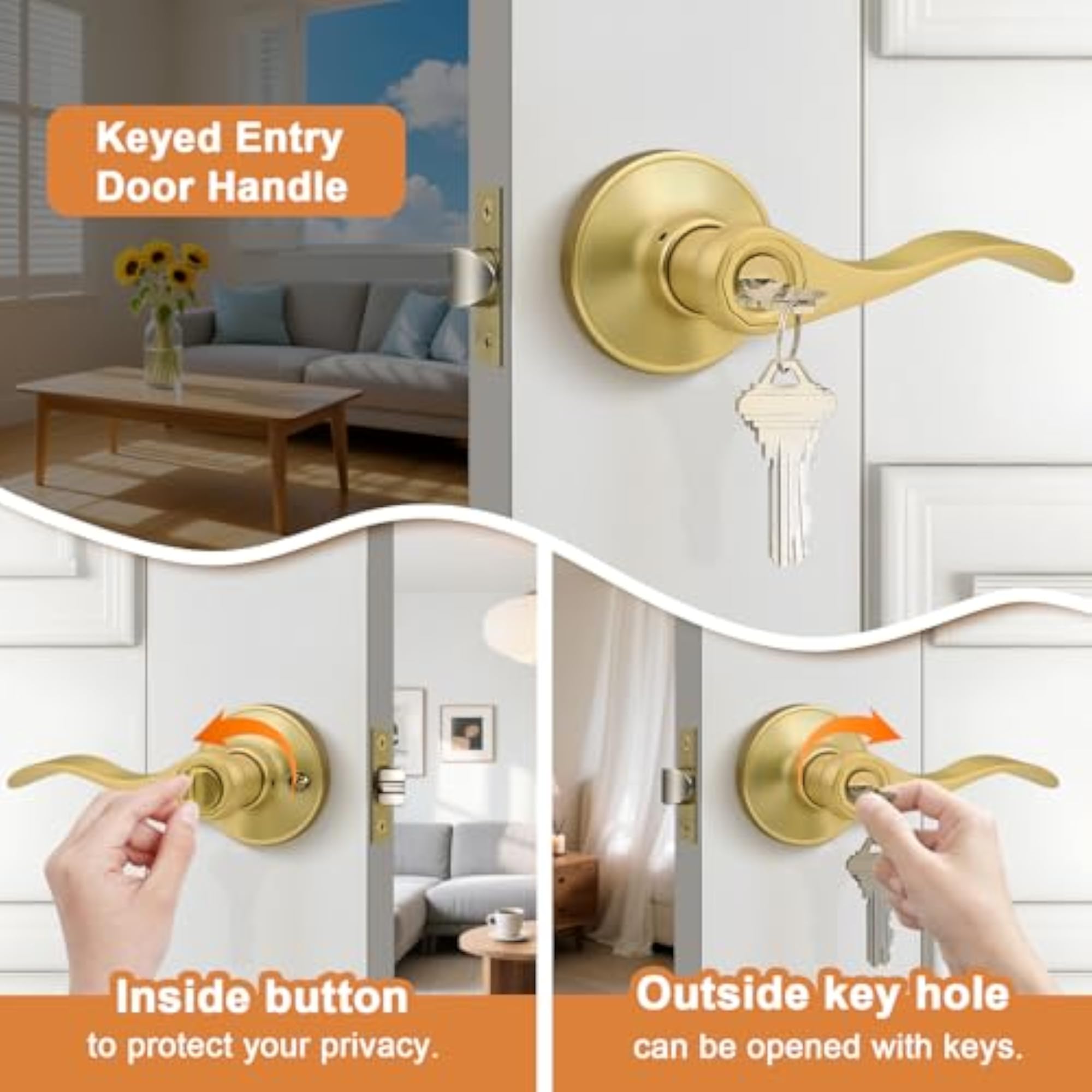 Brushed Door Handles, Front Exterior Door Handles with Lock and Keys