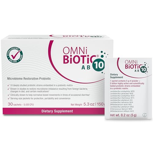 OMNi BiOTiC AB 10 - Clinically Tested Restorative Probiotic - Supports & Restores Gut Flora & Digestion - Digestive Probiotic for Diarrhea - Vegan Hypoallergenic Non-GMO (30 Daily Packets)