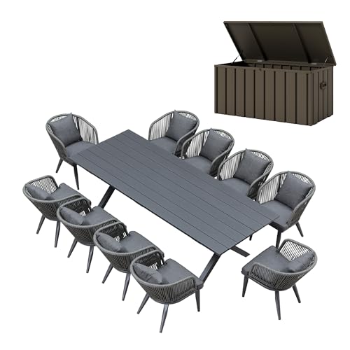 Image of PURPLE LEAF 11 Pieces Patio Dining Set with Storage Box Wicker Outdoor Furniture Rectangular Table and Chairs Set for Garden Deck Backyard Kitchen, Cushions and Pillows Included Grey