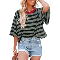 Chicrise Tshirt Damen Sommer Gestreiftes Kurzarm Lässige Oberteile Farbblock Weit Mode Kurze Top Grün Schwarz Groß 42-44