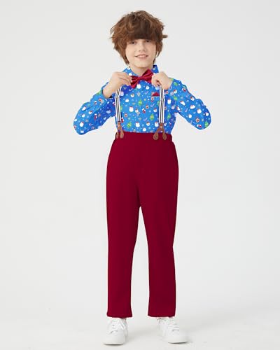 Image of DISAUR Boys Dress Clothes Wedding Ring Bearer Outfit Boy Formal Suits Dress Shirt with Bow Tie +Suspender Pants Set