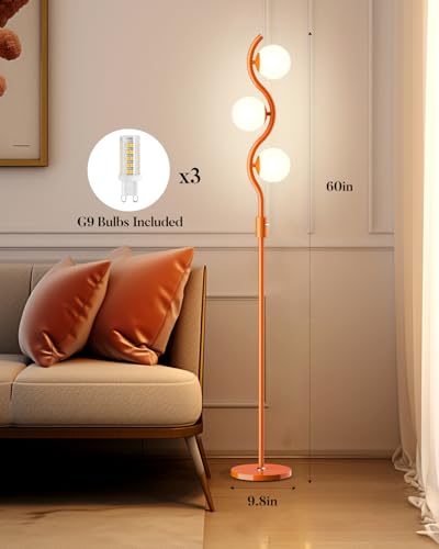 Image of Lightdot 3-Globe Dimmable Floor Lamp Orange Mid Century Modern Standing Lamp with 3PCS 3000K Bulbs Included Stepless Brightness Adjustable Stable Base for Living Room /Bedroom /Sofa Beside /Corner Decor