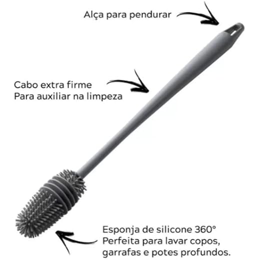 KYNEX - Escova de Silicone para lavar mamadeiras, copos, taças, garrafas e jarras, com alça longa (Cinza)