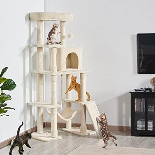 Image of Yaheetech 54in Cat Tree Tower for Large Cats, Multi-Level Condo & Hammock | Sisal scratching posts, roomy condo holds up to 22 lb, a wide 21-inch top perch fit large cats, beige